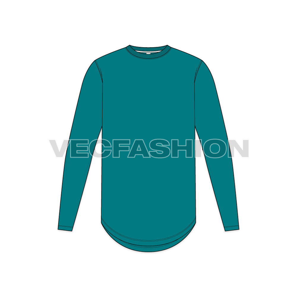 Mens round neck shirt with rounded hem flat sketch, front view
