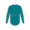 Mens round neck shirt with rounded hem flat sketch, front view