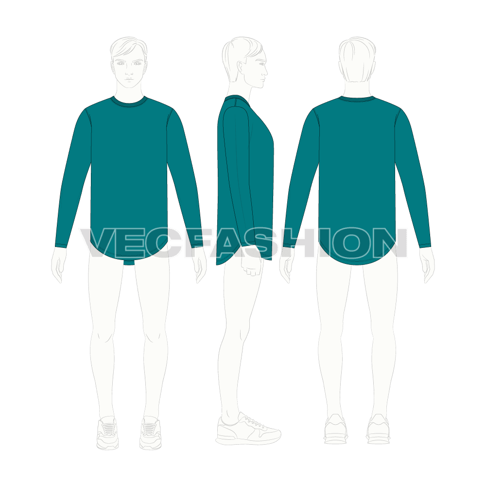 Mens round neck shirt with rounded hem flat sketch, croqui sketch