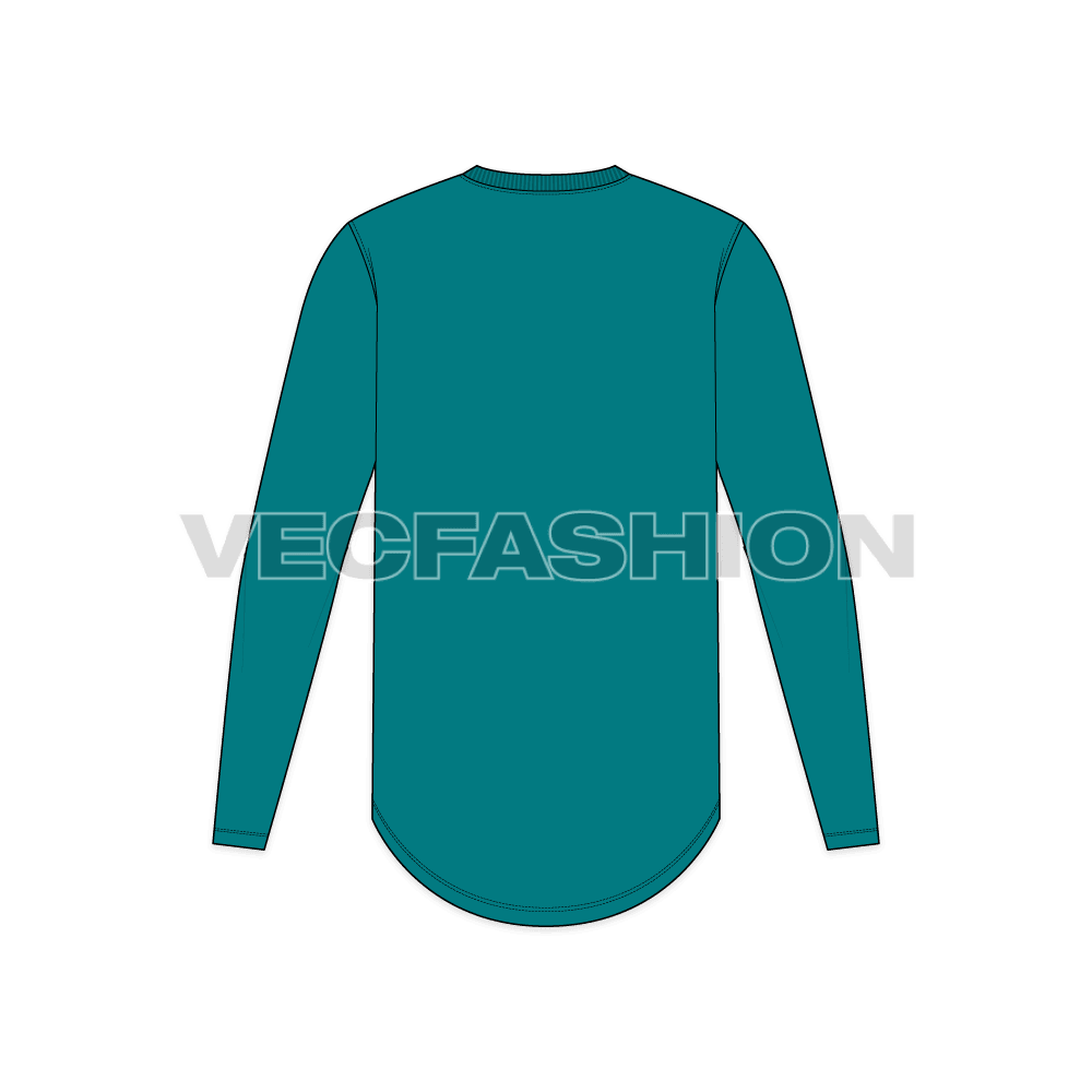 Mens round neck shirt with rounded hem flat sketch, back view