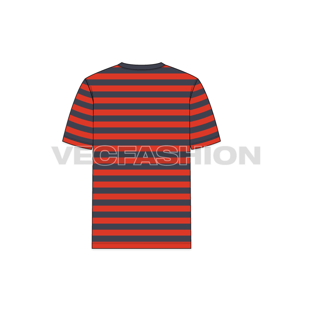 Mens round neck t-shirt, striped rib neckline flat sketch, back view