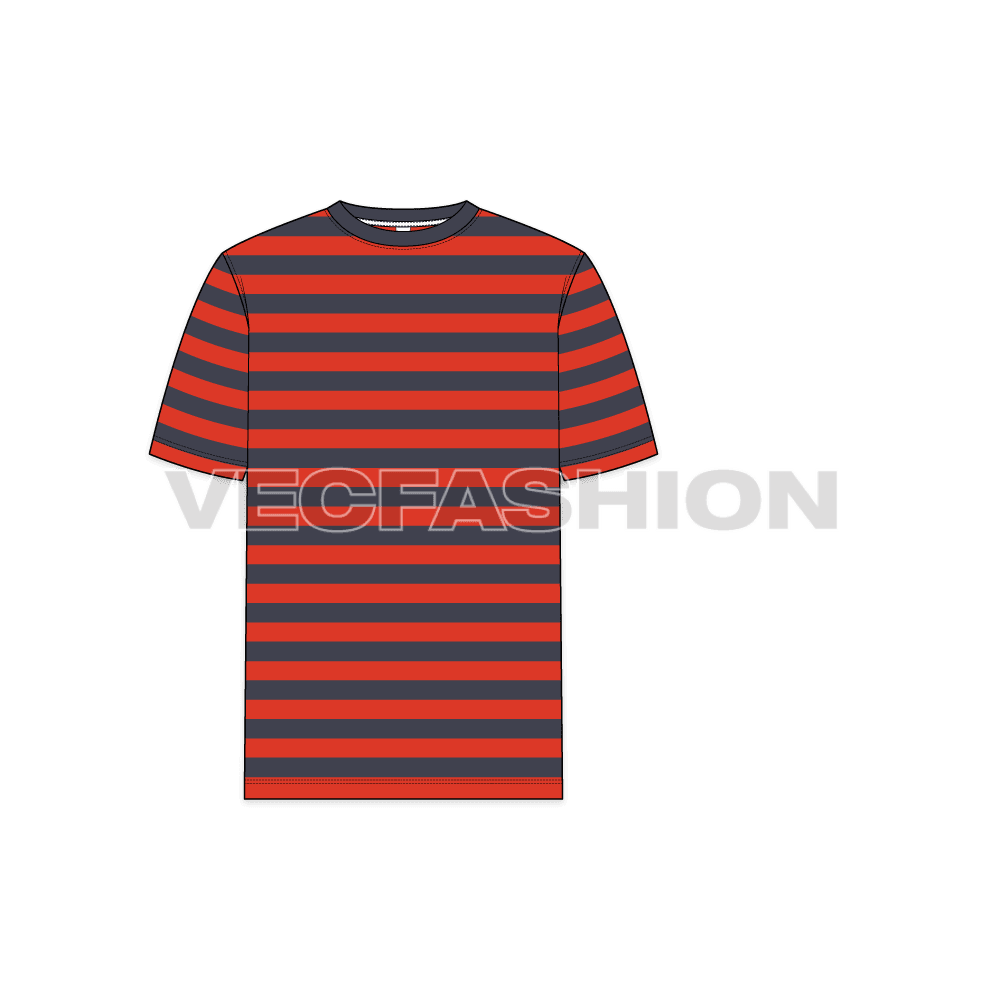 Mens round neck t-shirt, striped rib neckline flat sketch, front view