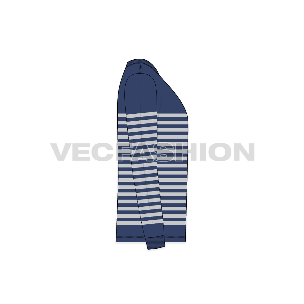 Mens round neck t-shirt, striped scoop hem flat sketch, side view