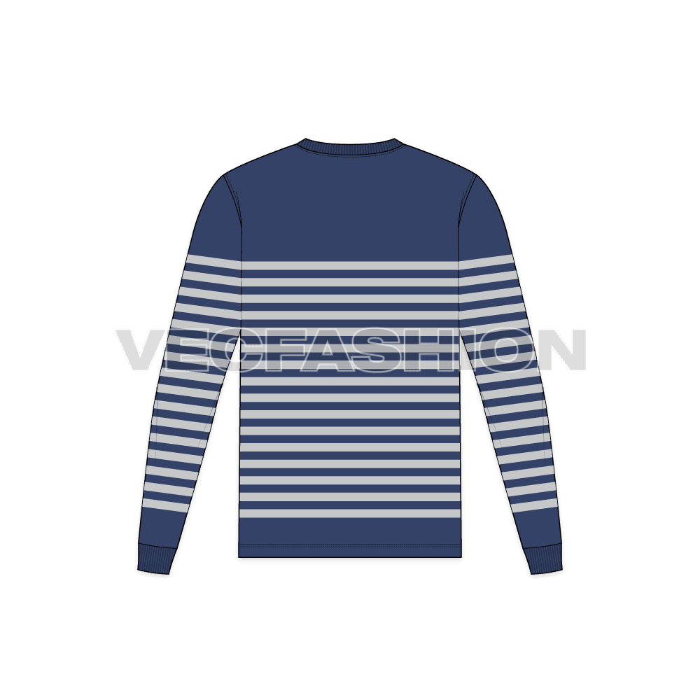 Mens round neck t-shirt, striped scoop hem flat sketch, back view