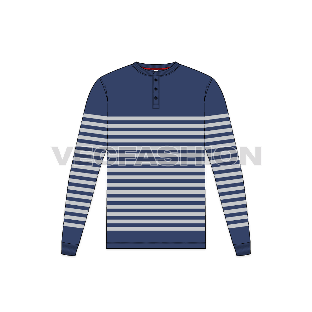 Mens round neck t-shirt, striped scoop hem flat sketch, front view