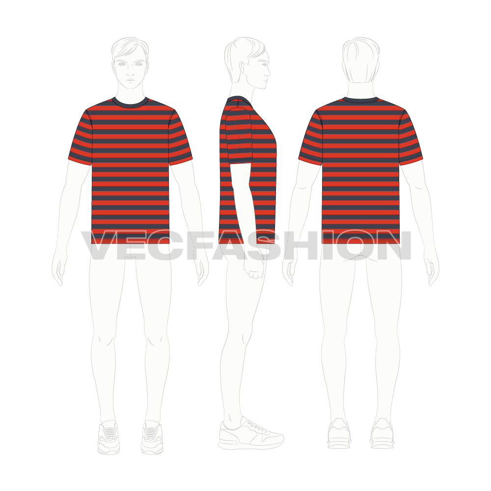 Mens round neck t-shirt, striped rib neckline flat sketch, croqui sketch