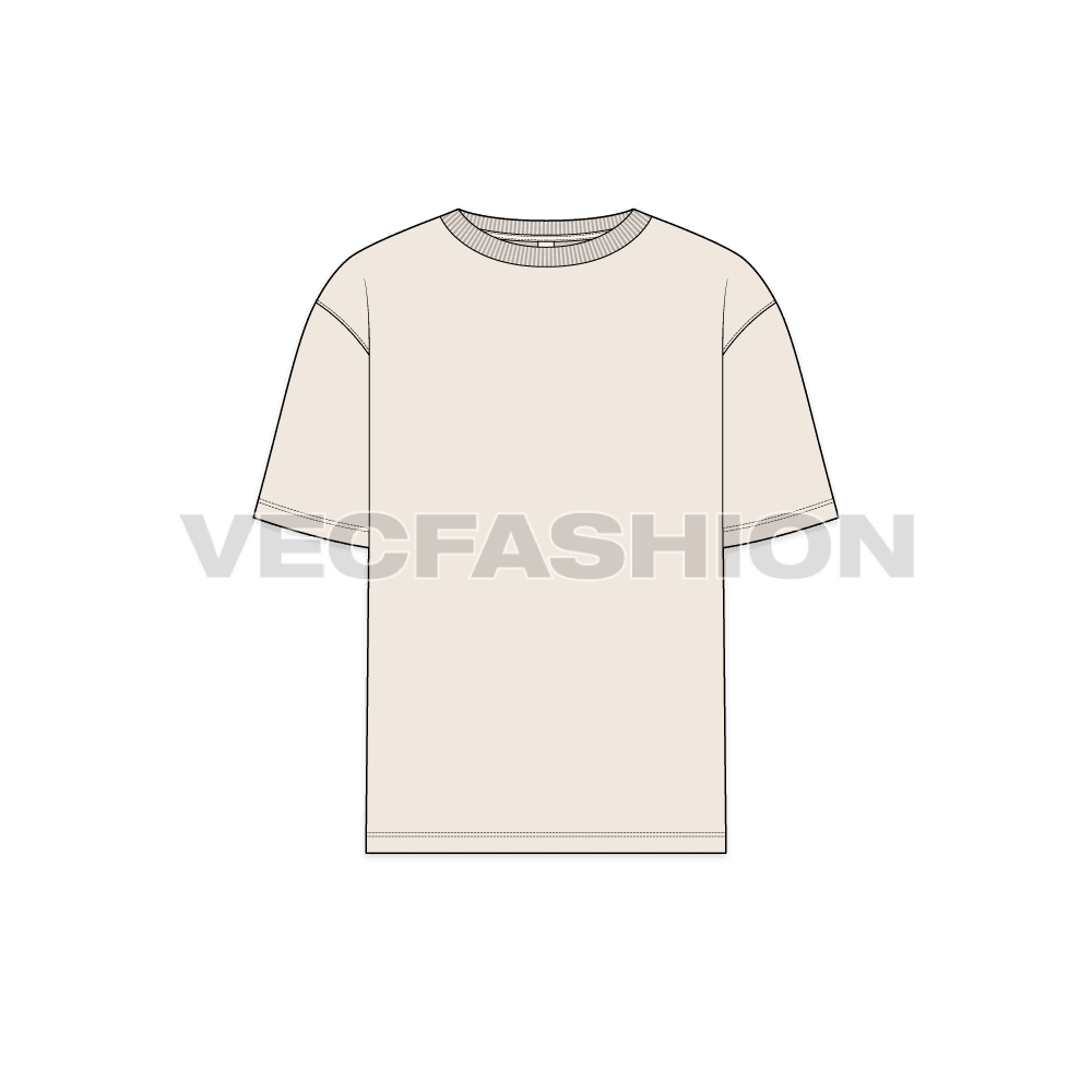 Mens round neck baggy t-shirt flat sketch, front view