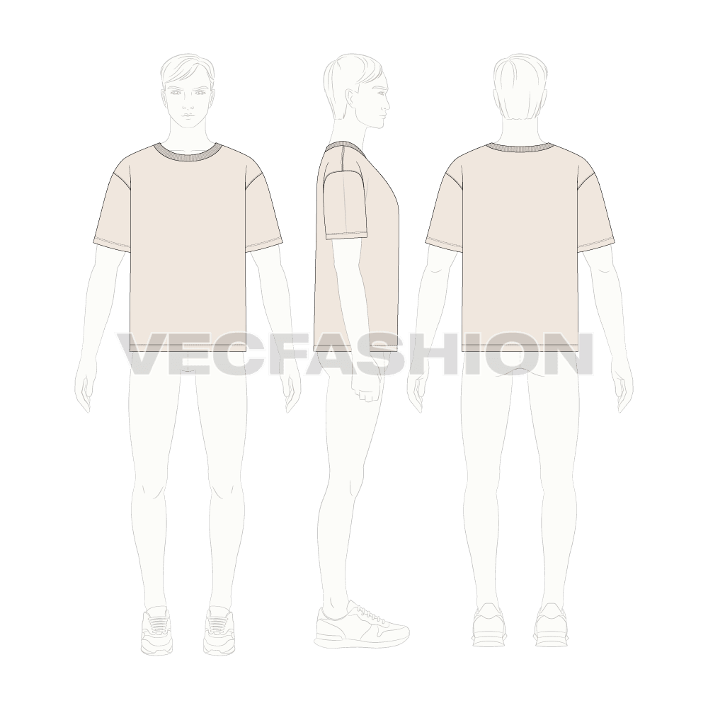 Mens round neck baggy t-shirt flat sketch, croqui sketch