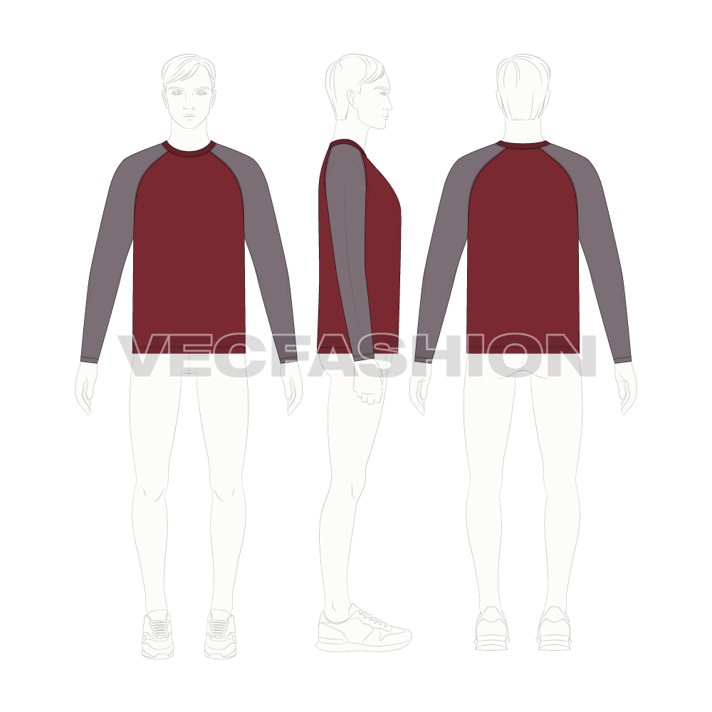 Mens round neck tee with curved raglan sleeve flat sketch, croqui sketch