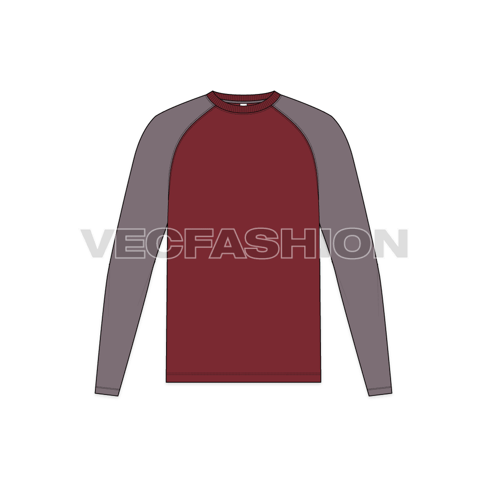 Mens round neck tee with curved raglan sleeve flat sketch, front view