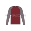Mens round neck tee with curved raglan sleeve flat sketch, front view