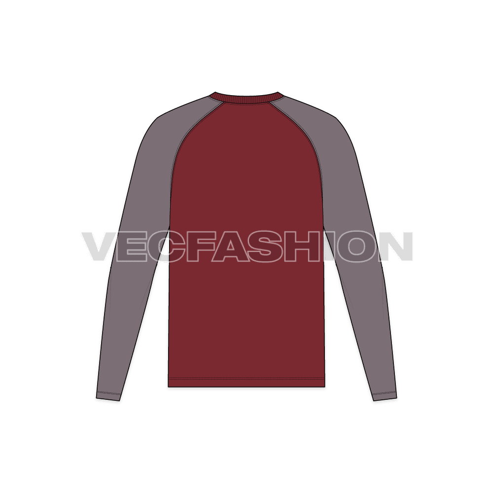 Mens round neck tee with curved raglan sleeve flat sketch, back view