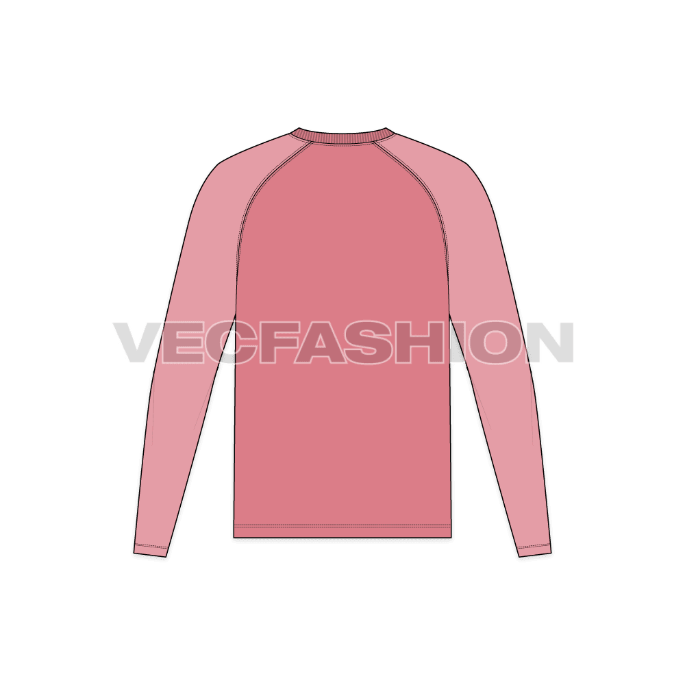 Mens round neck tee with raglan sleeve flat sketch, back view