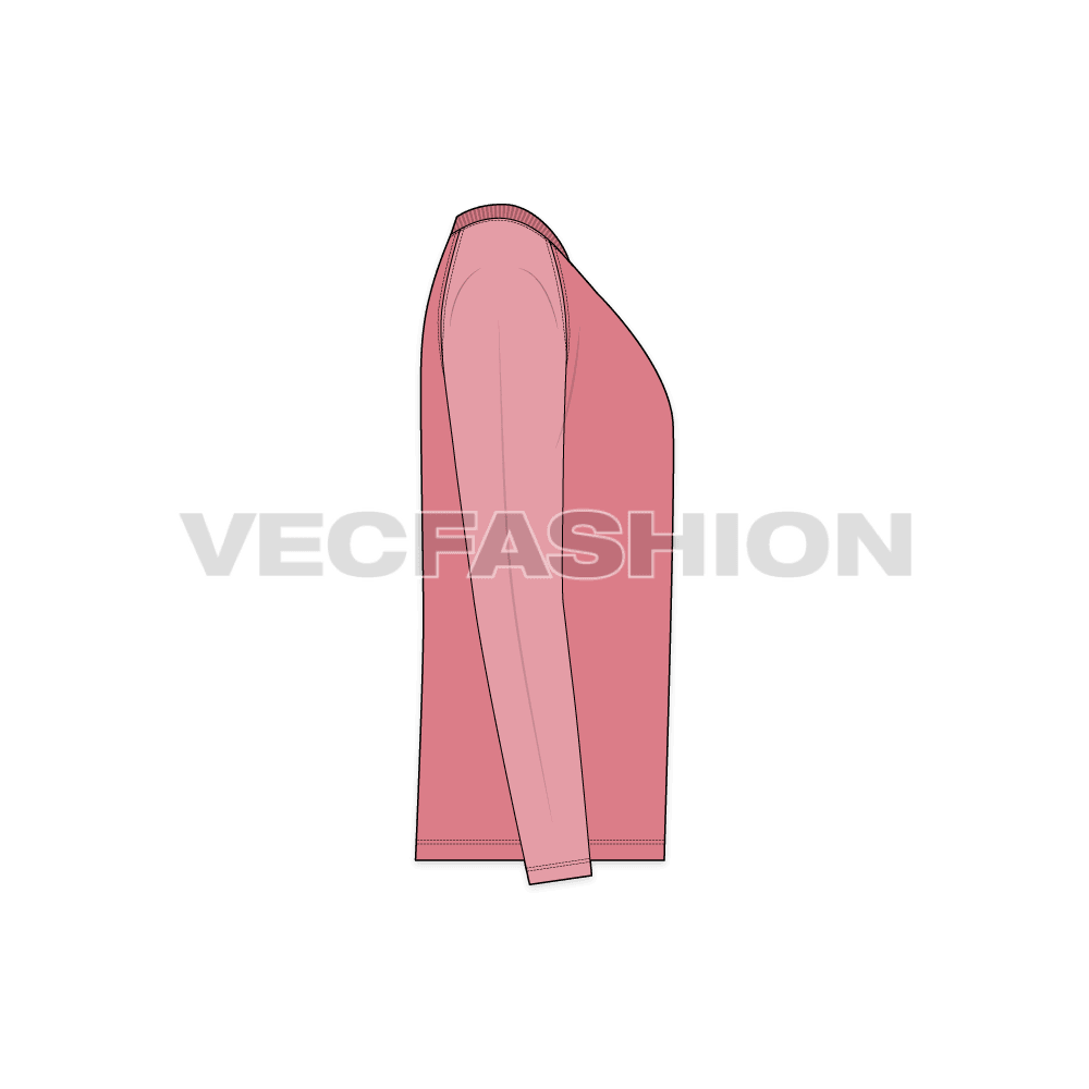 Mens round neck tee with raglan sleeve flat sketch, side view