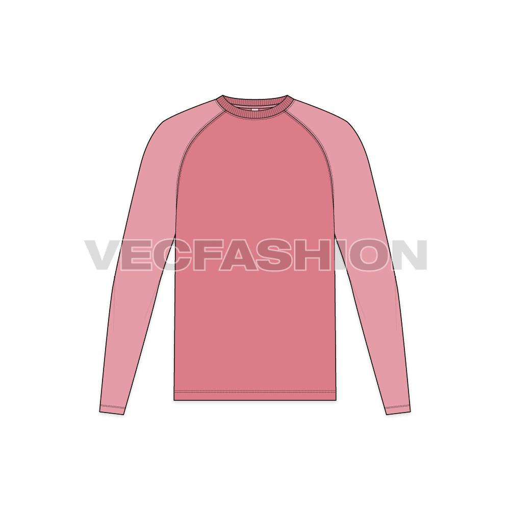 Mens round neck tee with raglan sleeve flat sketch, front view
