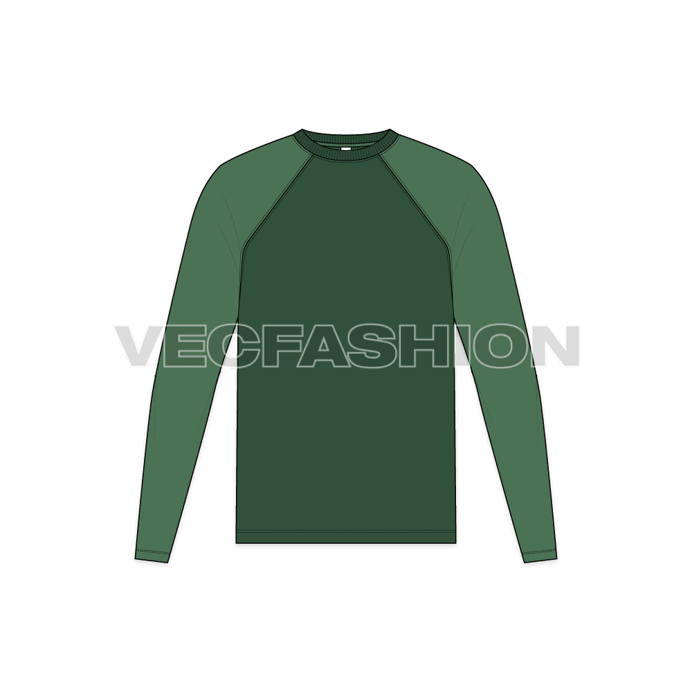 Mens round neck tee with straight cut raglan sleeve flat sketch, front view