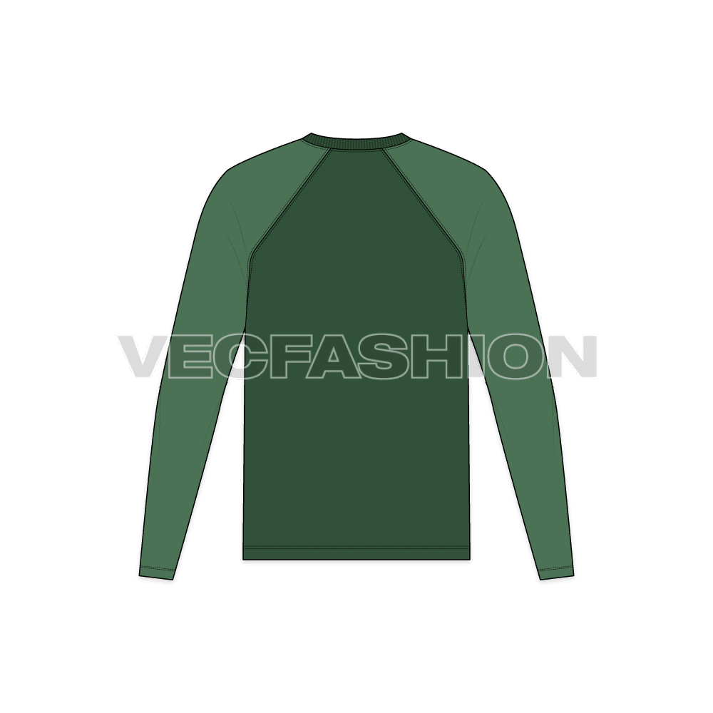 Mens round neck tee with straight cut raglan sleeve flat sketch, back view