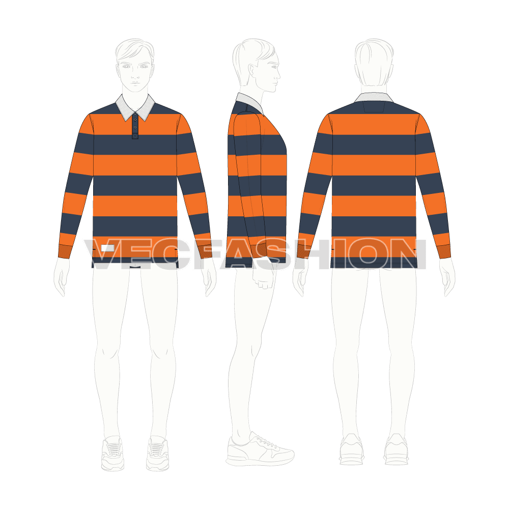 Mens rugby collar shirt flat sketch, croqui sketch