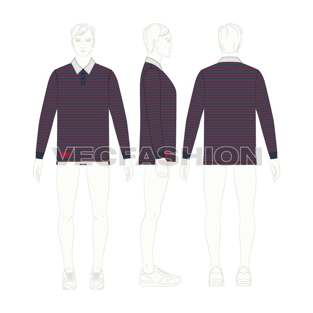 Mens rugby collar shirt with pin stripes flat sketch, croqui sketch