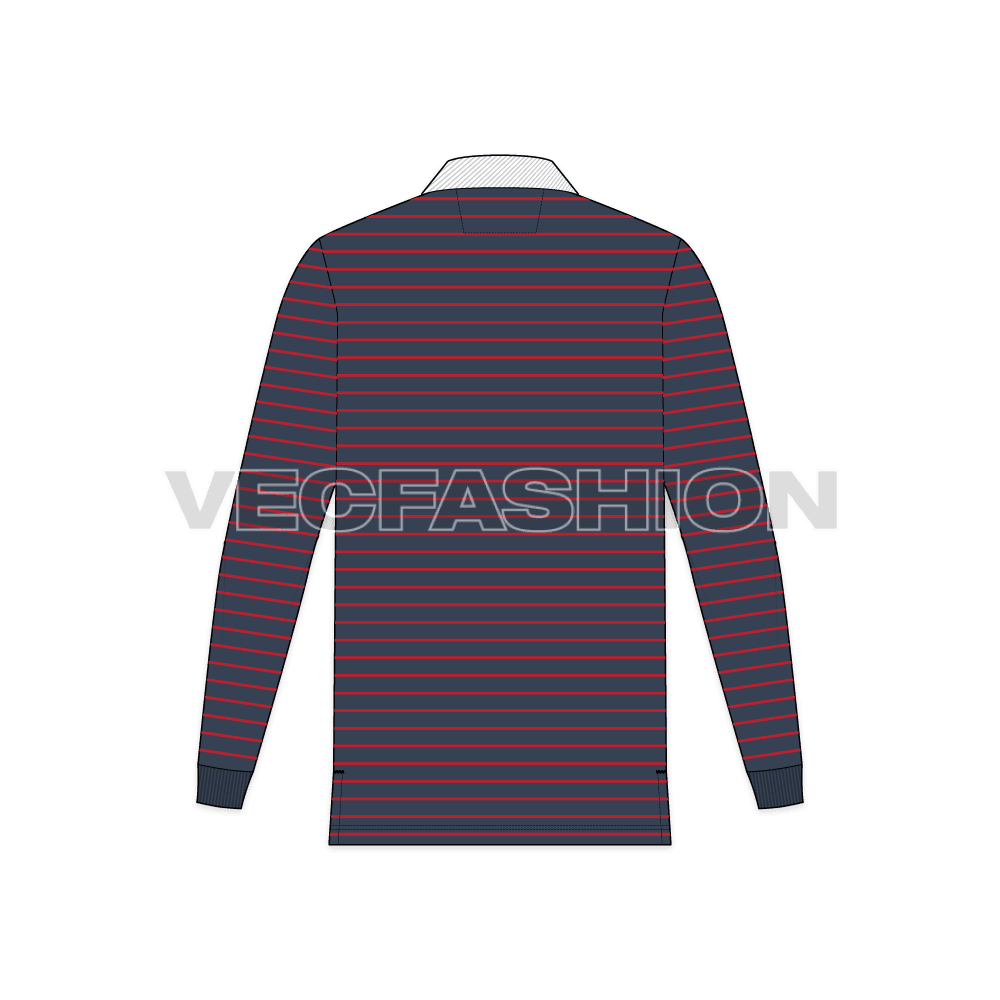 Mens rugby collar shirt with pin stripes flat sketch, back view