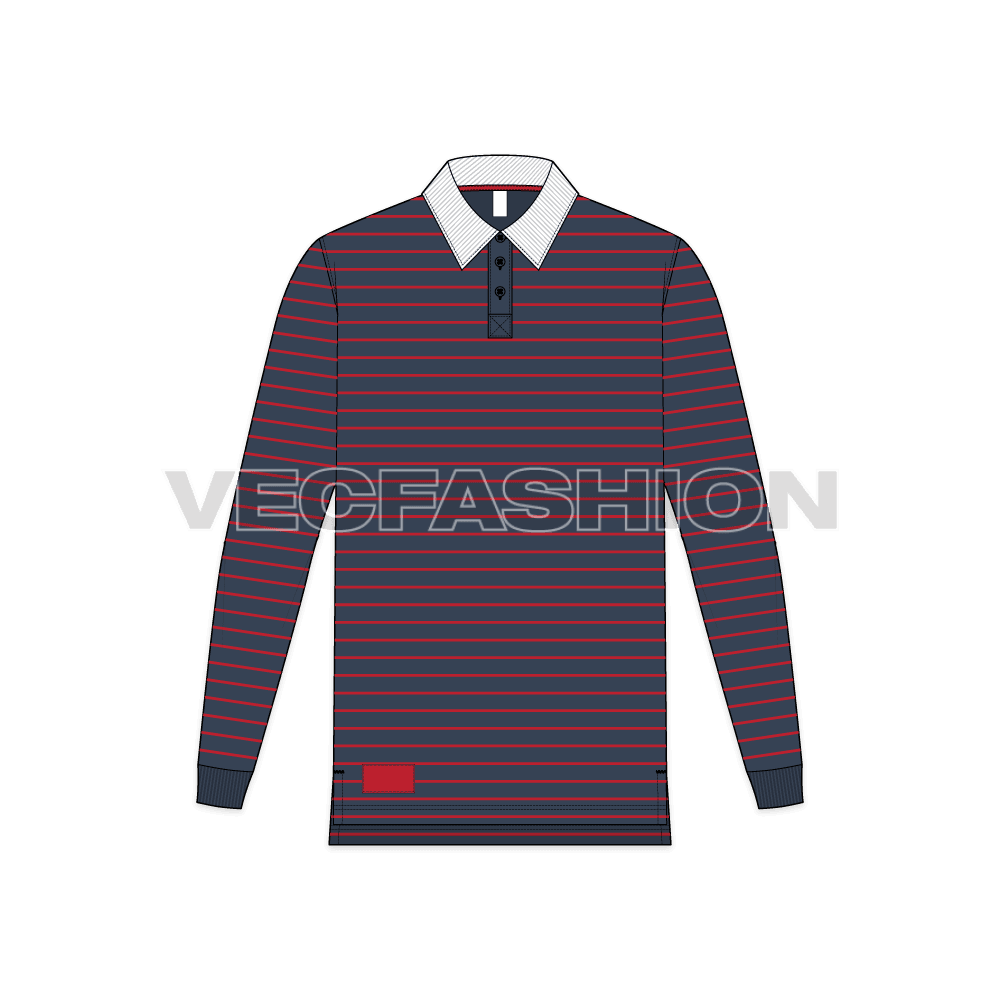 Mens rugby collar shirt with pin stripes flat sketch, front view
