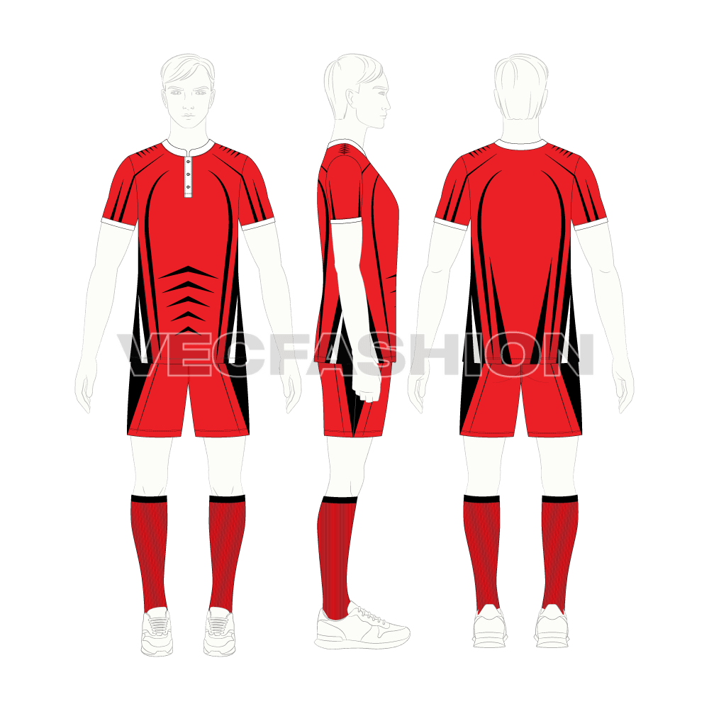 Mens rugby uniform kit, henley neck flat sketch, croqui sketch