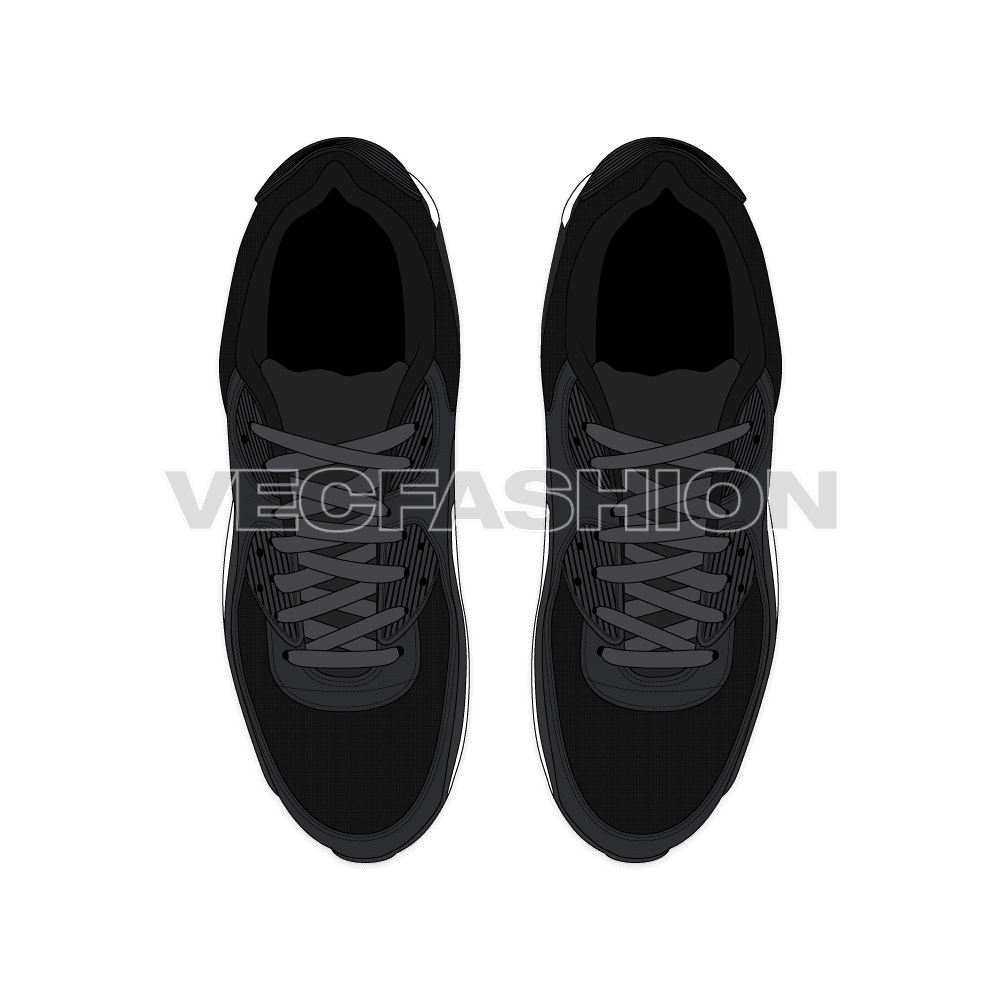 Mens running sneakers, black white flat sketch, view 3