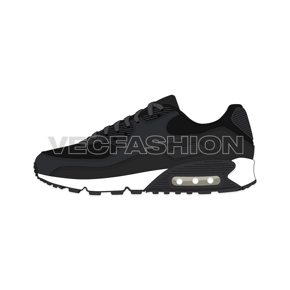 Mens running sneakers, black white flat sketch, view 2