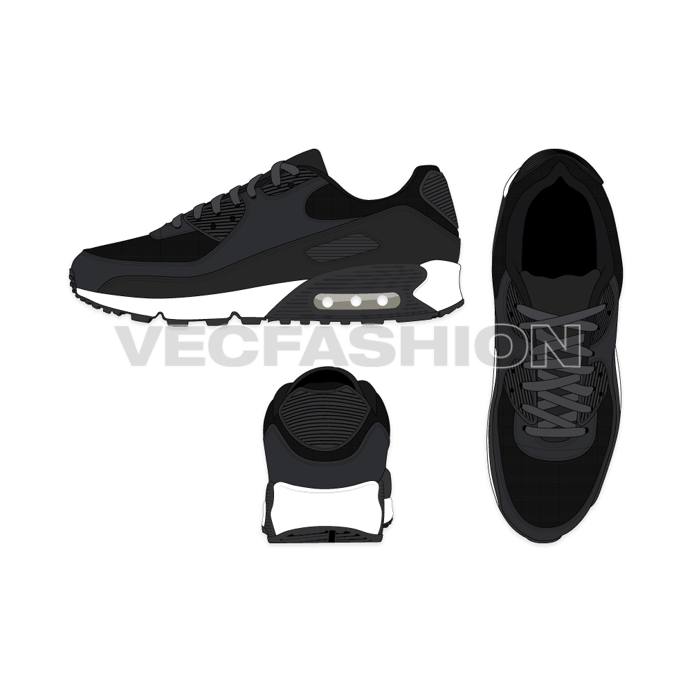 Mens running sneakers, black white flat sketch, view 1