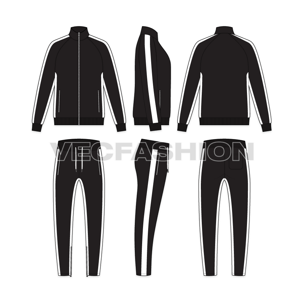 Mens running sweatsuit flat sketch, showing all views, front, side and back