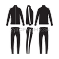 Mens running sweatsuit flat sketch, showing all views, front, side and back