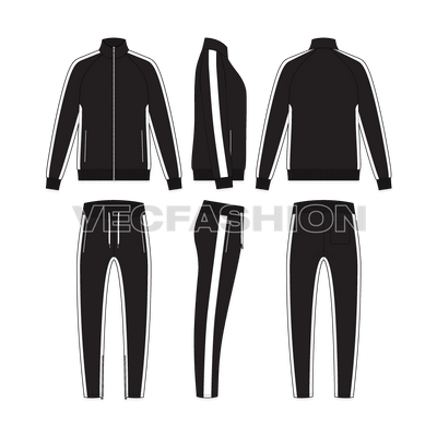 Mens running sweatsuit flat sketch, showing all views, front, side and back
