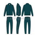 Mens running tracksuit flat sketch, showing all views, front, side and back