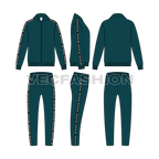 Mens running tracksuit flat sketch, showing all views, front, side and back