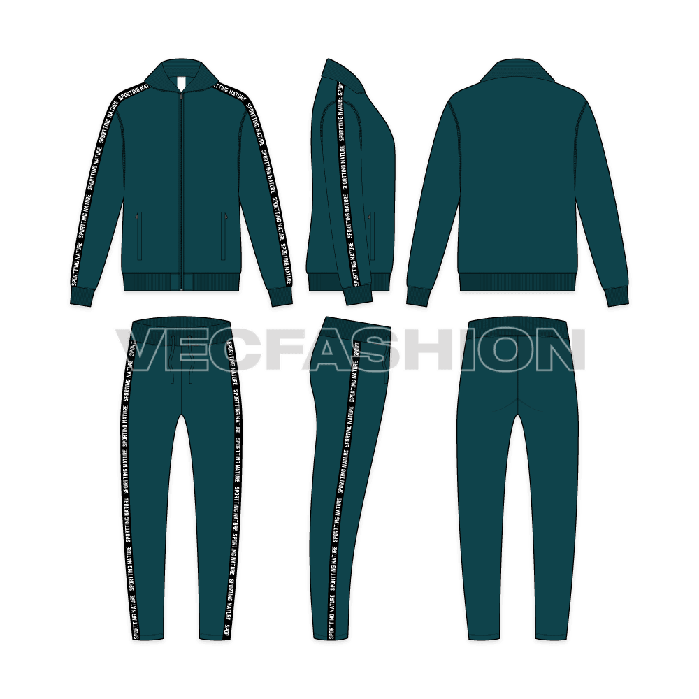 Mens running tracksuit flat sketch, showing all views, front, side and back