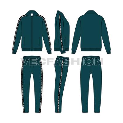 Mens running tracksuit flat sketch, showing all views, front, side and back