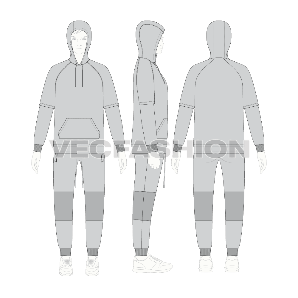 Mens running tracksuit flat sketch, showing all views, front, side and back