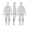 Mens running tracksuit flat sketch, showing all views, front, side and back