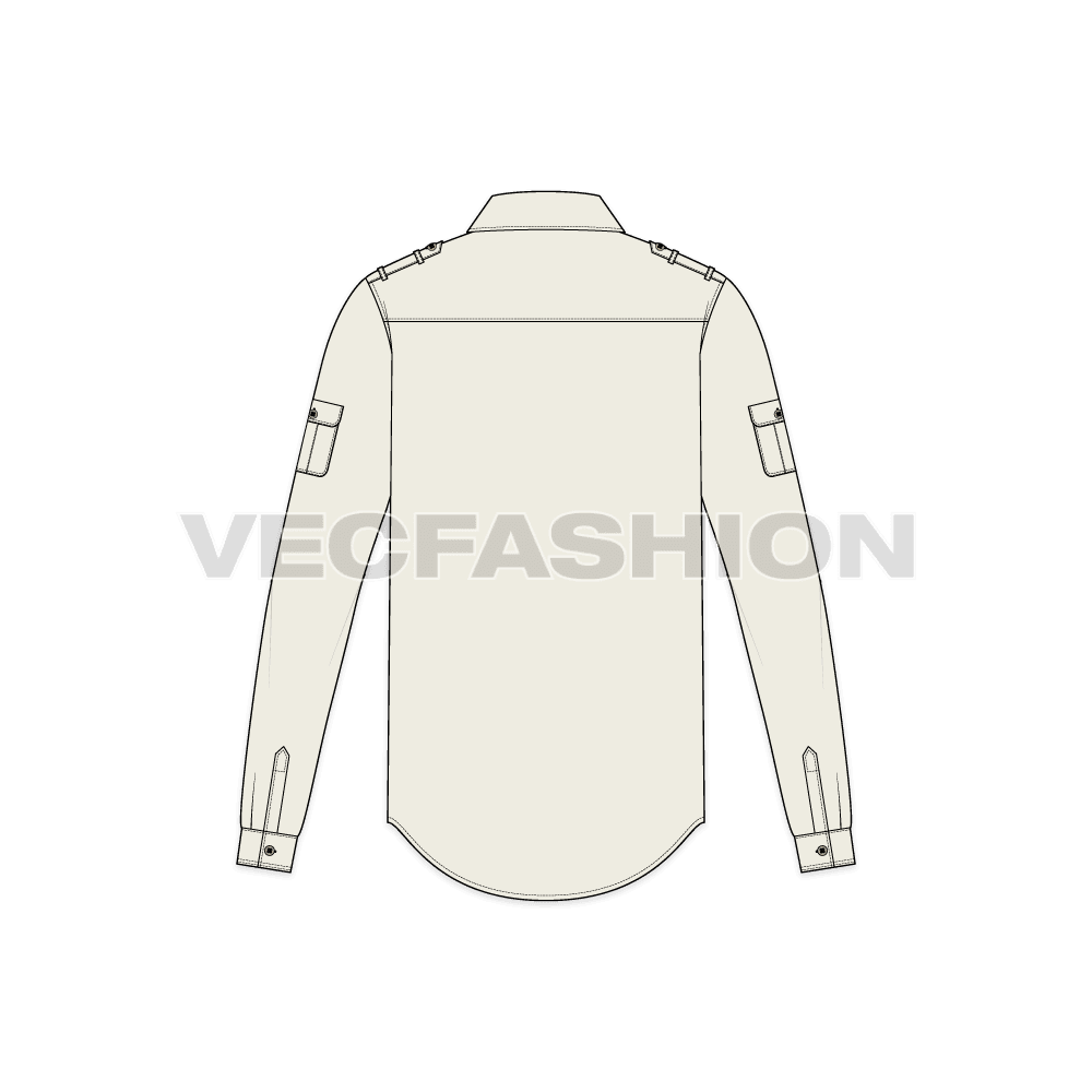 Mens safari bush shirt flat sketch, back view
