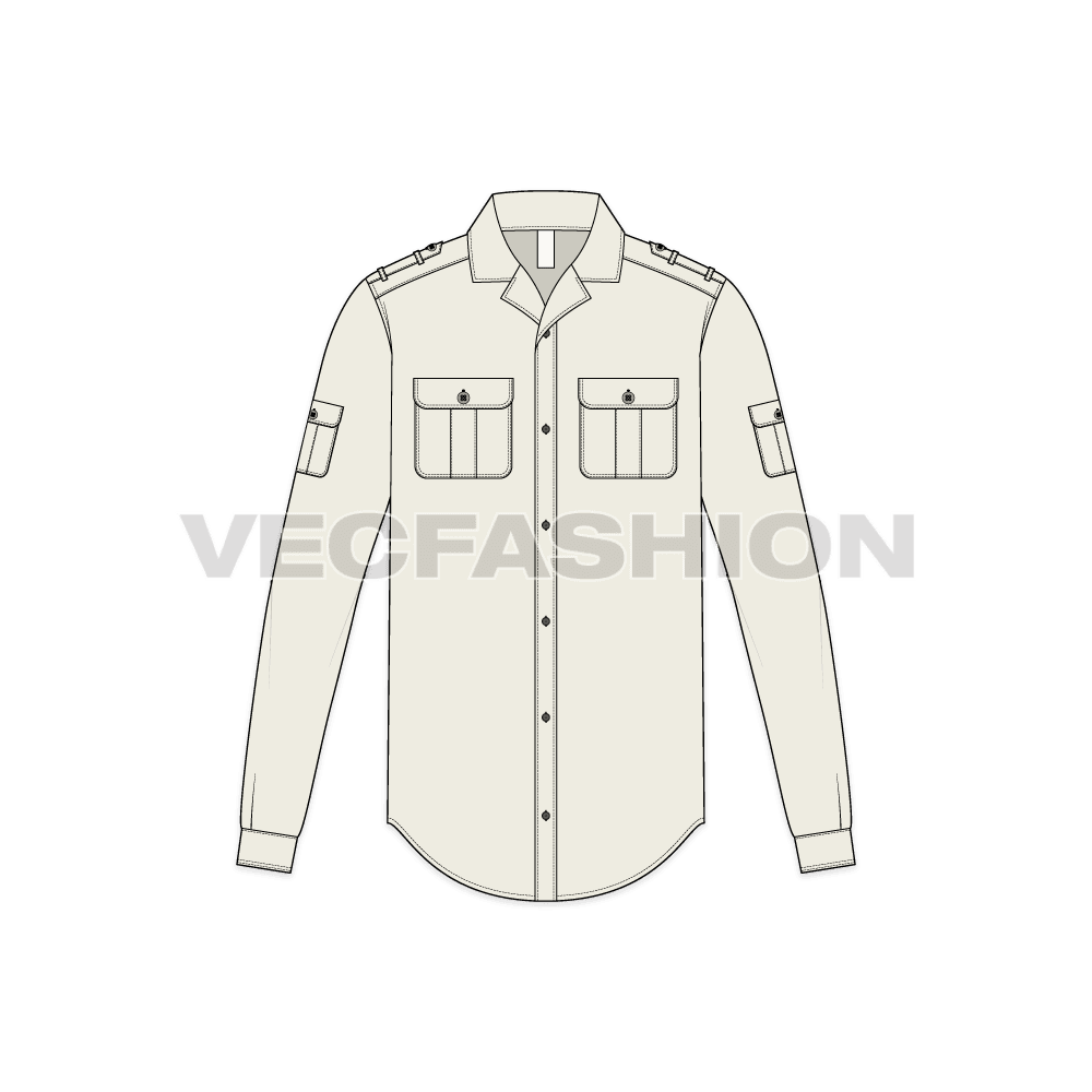 Mens safari bush shirt flat sketch, front view