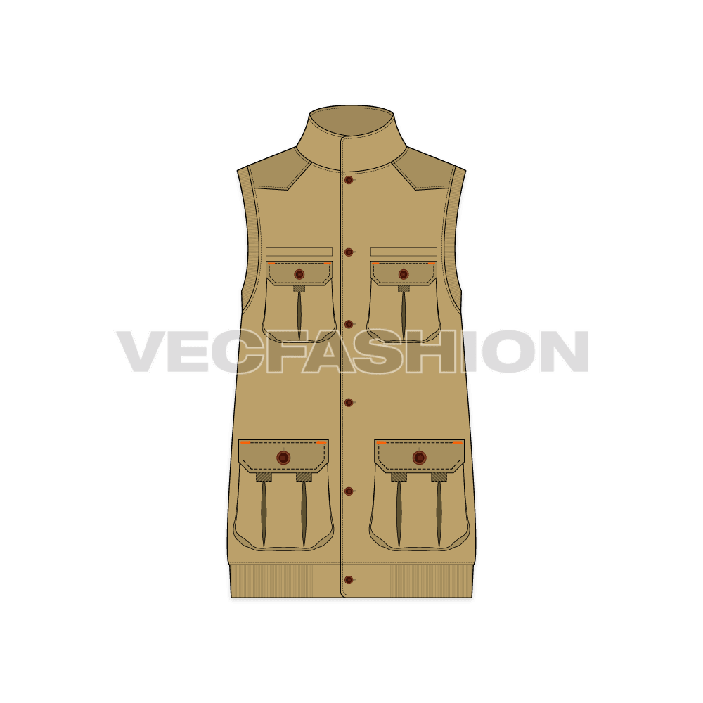 Mens safari hunting vest flat sketch, front view
