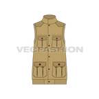 Mens safari hunting vest flat sketch, front view