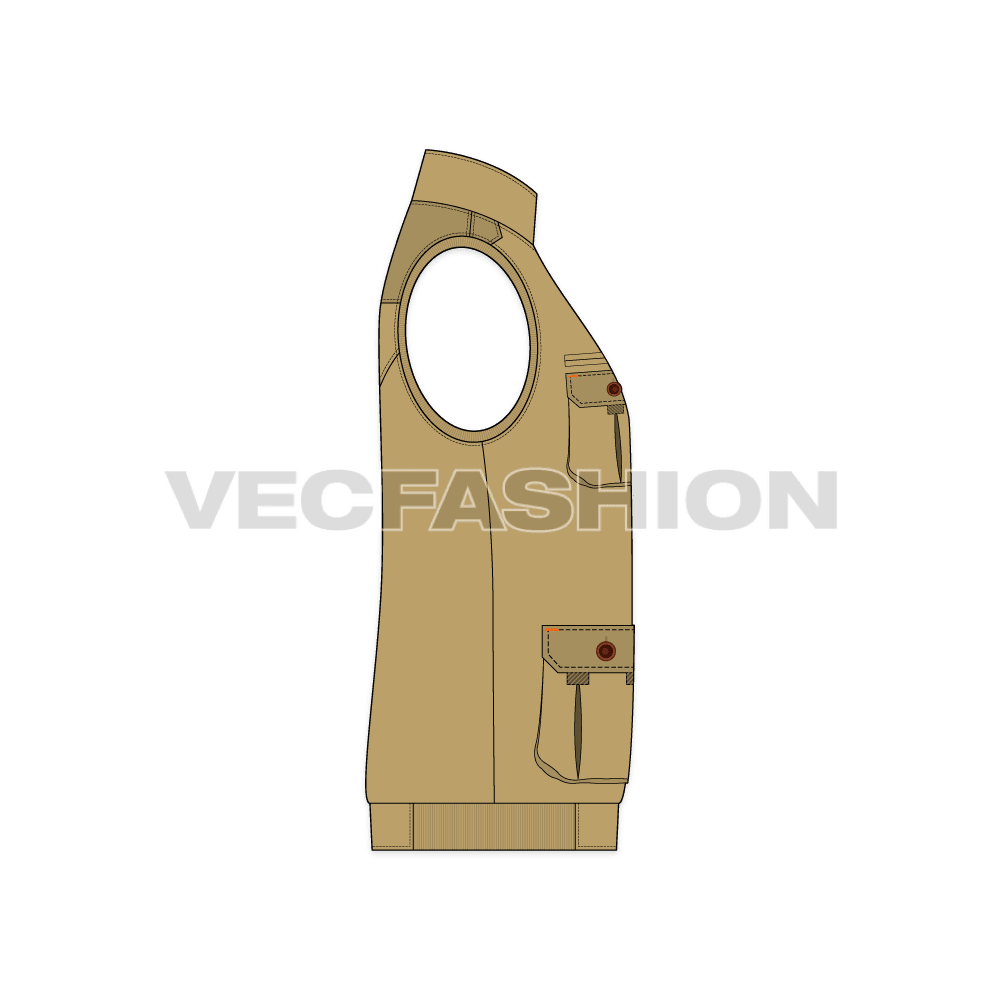 Mens safari hunting vest flat sketch, side view