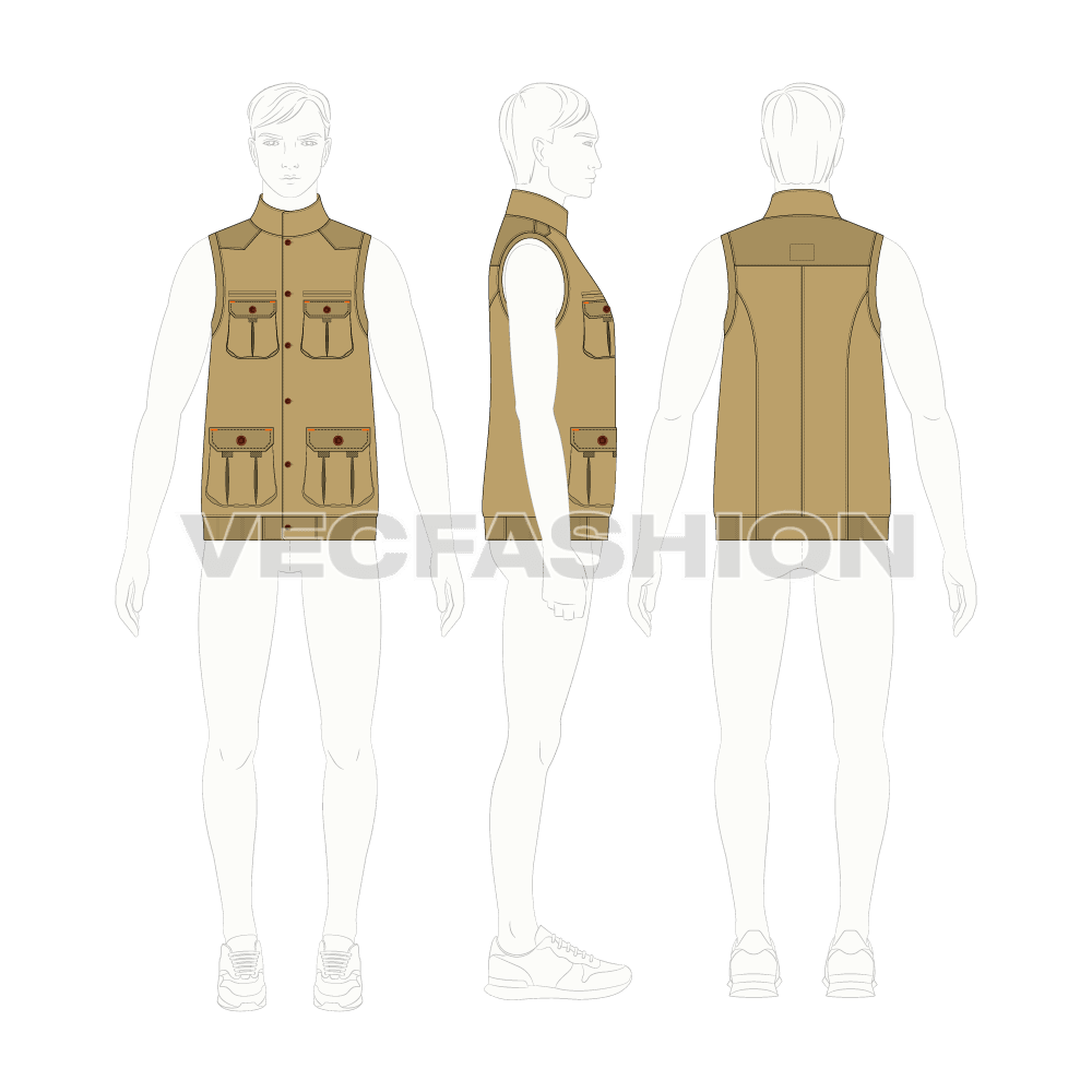 Mens safari hunting vest flat sketch, croqui sketch