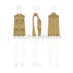Mens safari hunting vest flat sketch, croqui sketch