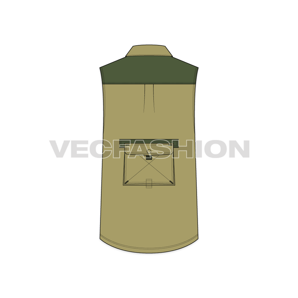 Mens safari vest shirt flat sketch, back view