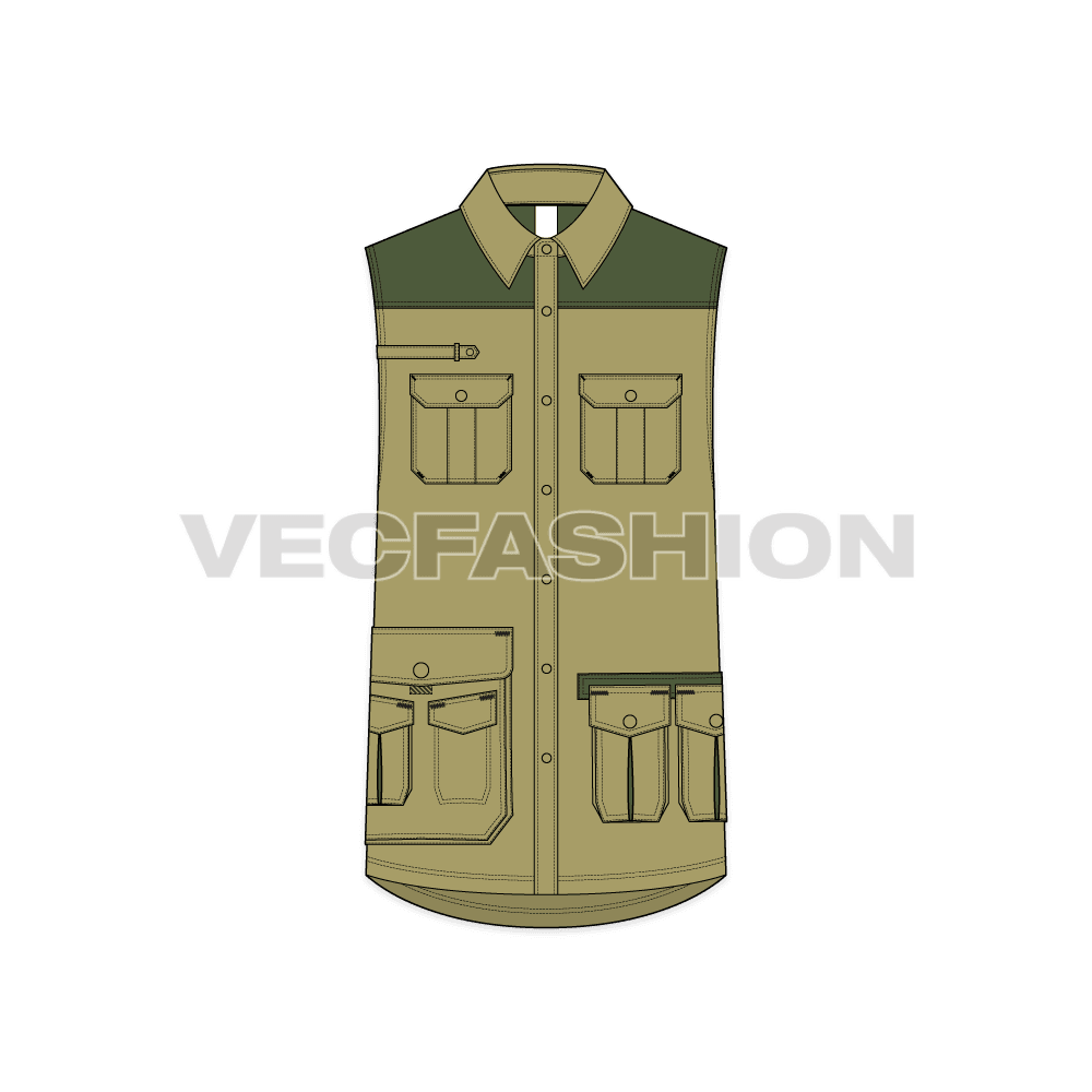 Mens safari vest shirt flat sketch, front view