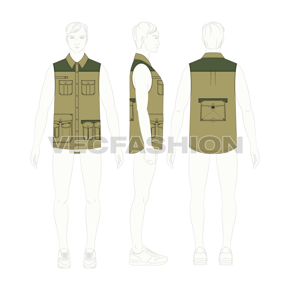 Mens safari vest shirt flat sketch, croqui sketch