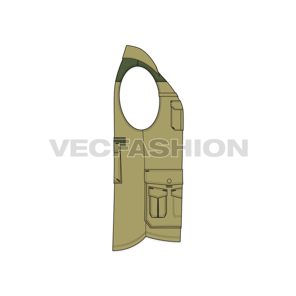 Mens safari vest shirt flat sketch, side view
