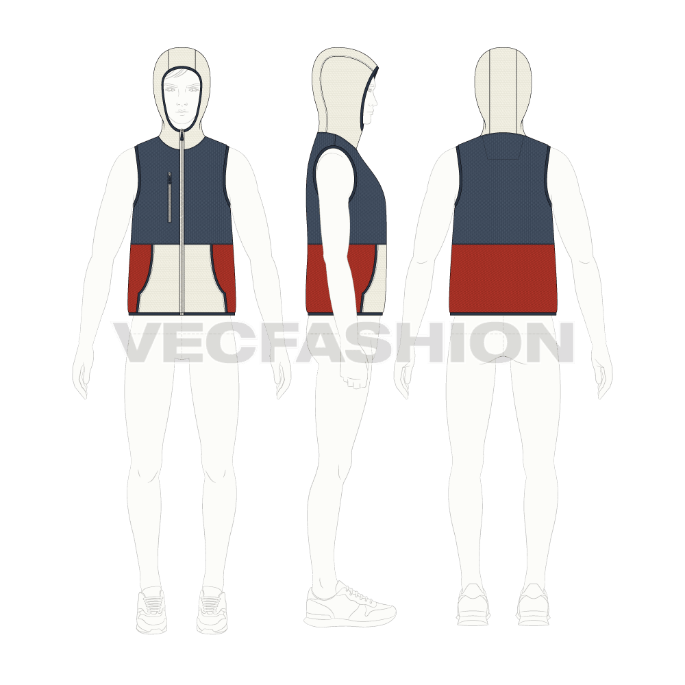 Mens sherpa vest hoodie flat sketch, croqui sketch